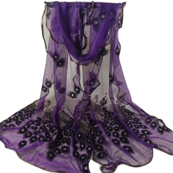 🌸 PURPLE PEACOCK EMBROIDERED SCARF LONG BOHO CHIC SHEER MULTIPURPOSE WRAP BIRD - Picture 3 of 4